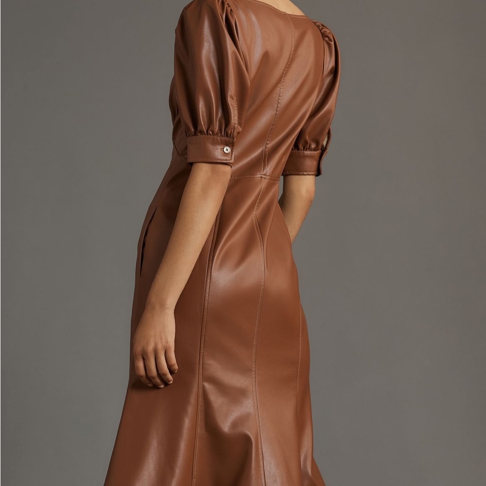 Anthropologie Faux-Leather Puff-Sleeve Zip-Front Midi Dress In Brown NWT - Picture 2 of 4